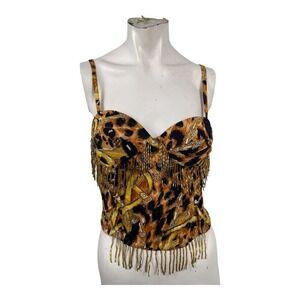 Faith Y2K Leopard & Chain Print Beaded Fringe Corset Top (L)
